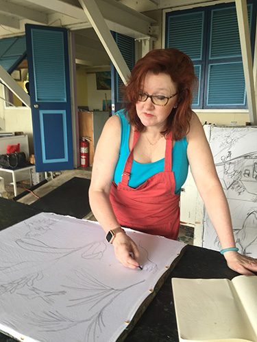 Christina Erickson drawing on practice Batik piece