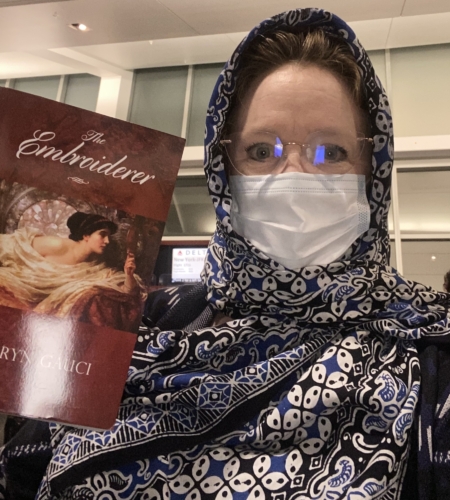 Christina on her way to Istanbul with Kathryn Gauci’s novel “The Embroiderer”