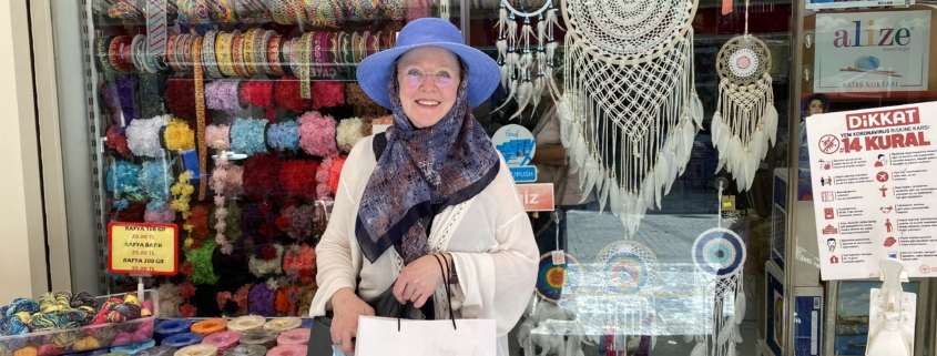 Christina Fairley Erickson in front of Istanbul embroidery store